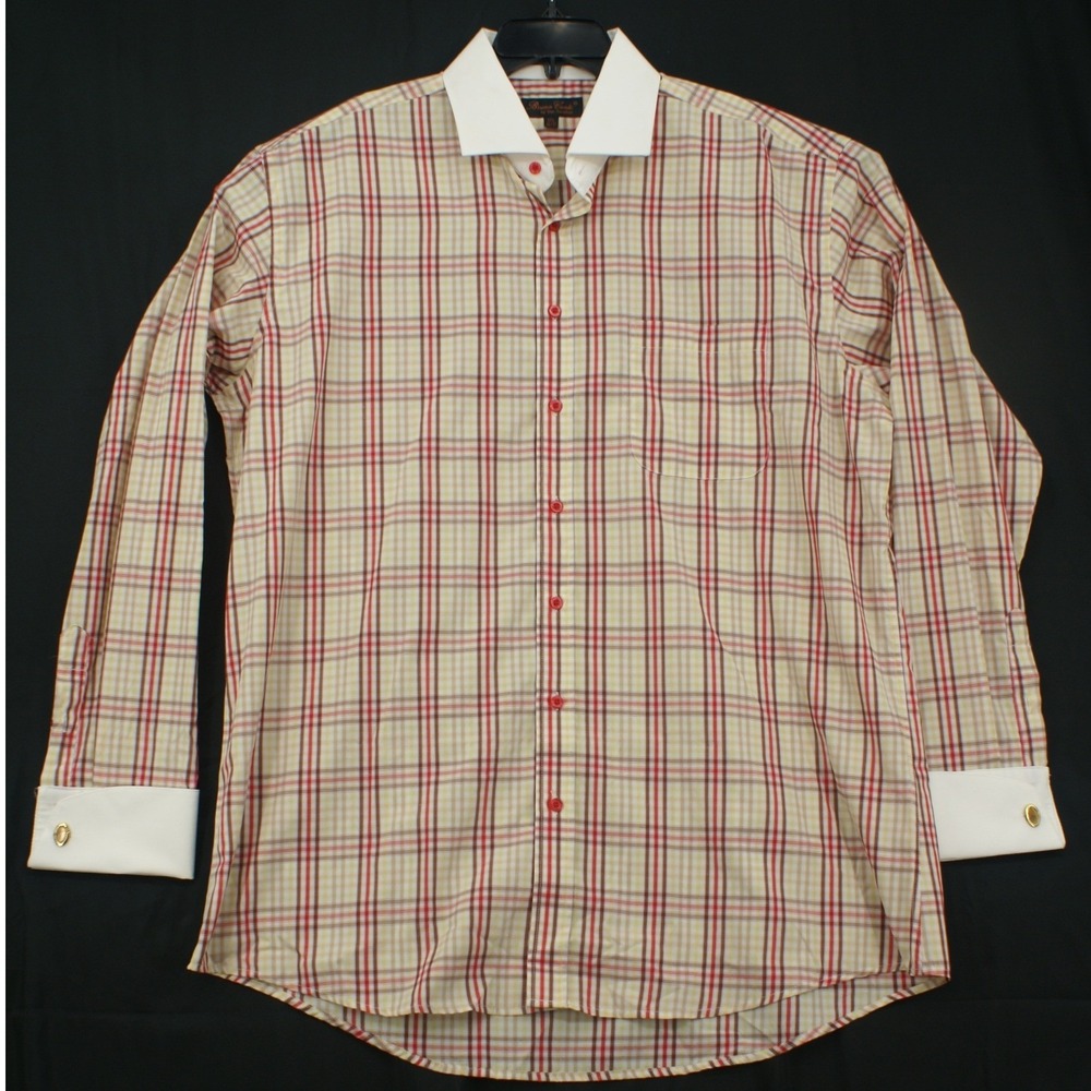 Bruno Conte Don Jonathan Mens Plaid Dress Shirt 17.5 36/37 French Cuff Red Tan